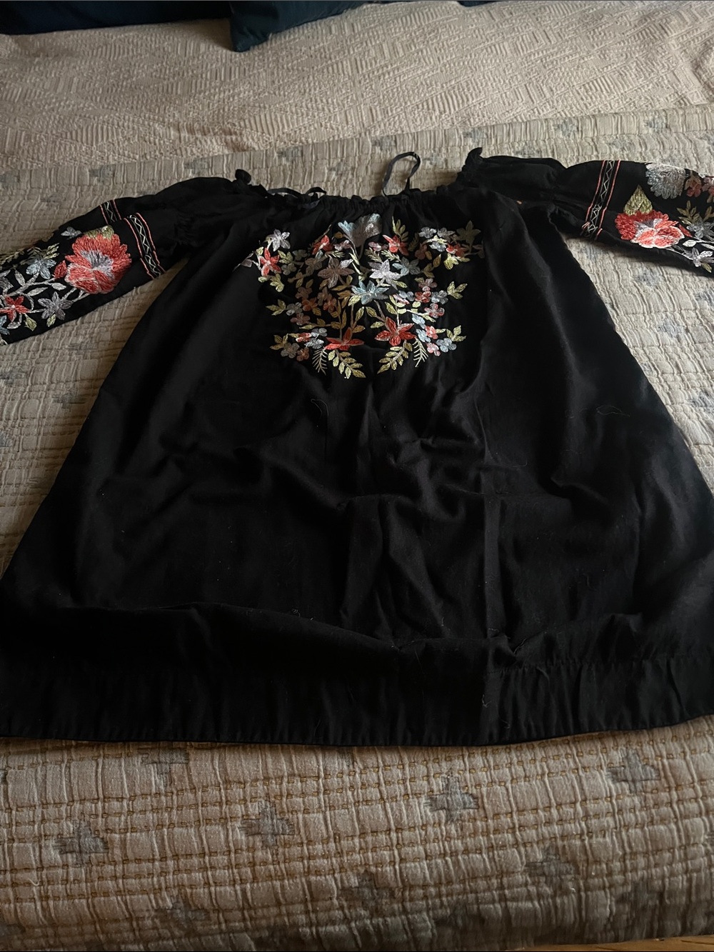 Free People Black Off-Shoulder Dress with Floral Embroidery